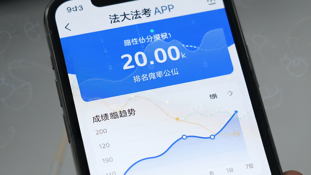 手机屏幕展示法大法考APP的模考成绩页面,有分数显示和排名信息,下方有成绩趋势折线图,界面风格数据感强,蓝白色调,画质干净,无多余元素