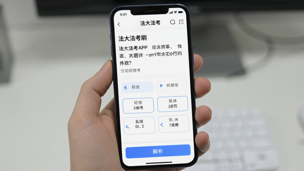 手机屏幕展示法大法考APP的刷题界面,题目文字清晰,下方有四个选项按钮,底部有解析按钮,界面风格简洁,白色背景配蓝色点缀,画质干净,无多余元素,图片中有文字