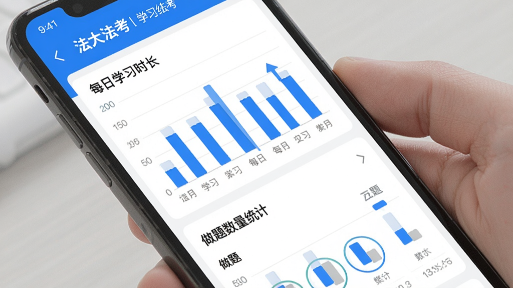 手机屏幕展示法大法考APP的学习统计页面,有每日学习时长柱状图和做题数量统计,界面风格清晰直观,蓝白配色,画质干净,无多余元素,图片中有文字