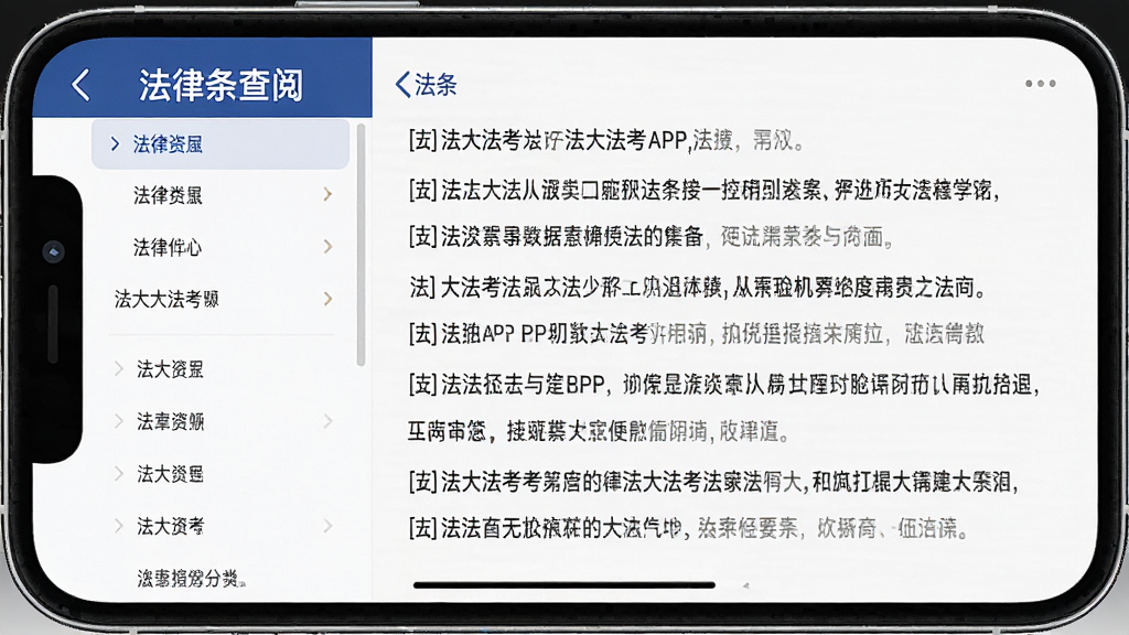 手机屏幕展示法大法考APP的法条查阅界面,左侧有法律分类目录,右侧显示具体法条文字,界面风格严肃简洁,白色背景配深色文字,画质干净,无多余元素