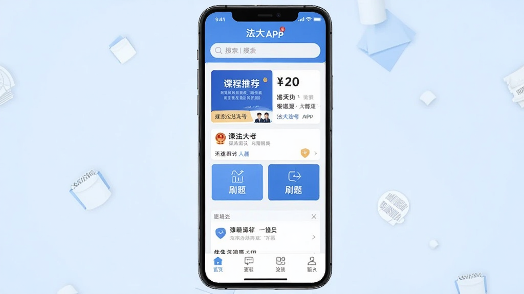 一张手机屏幕展示法大法考APP首页界面,顶部有搜索栏,中间是课程推荐和刷题入口,底部有导航栏,背景为浅蓝色调,风格简洁清新,细节清晰,画质干净,无多余元素
