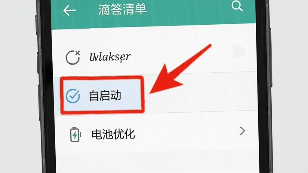手机屏幕显示滴答清单的设置界面,高亮标注“自启动”与“电池优化”选项,旁边有红色箭头提示,背景为浅灰色,风格扁平化教学图示,细节清晰,画质干净,无多余文字。