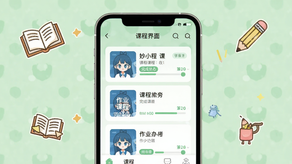 妙小程学生端课程同步界面展示,画面以手机屏幕为主体,屏幕内显示课程列表和作业待办事项,界面采用卡片式布局,每张卡片上有课程封面图和进度条,背景为柔和的浅绿色,周围点缀着书本和铅笔的卡通图标,风格清新简约,细节上突出课程名称和完成状态标签,画质清晰干净,无多余元素