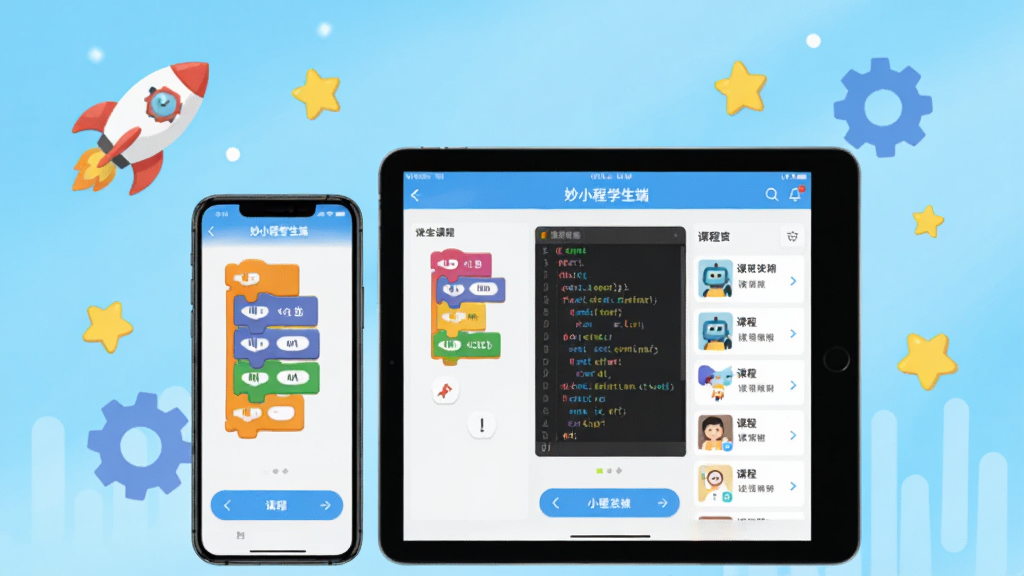 软件核心全貌展示,画面中央放置一部智能手机和一台平板电脑,屏幕上显示妙小程学生端应用界面,界面中包含彩色编程积木块、代码编辑区域和课程列表,背景为明亮的浅蓝色渐变,周围环绕着卡通风格的编程元素如小火箭、齿轮和星星,整体布局简洁清晰,风格为现代扁平化科技风,细节上突出软件图标和界面按钮,画质高清干净,无多余元素