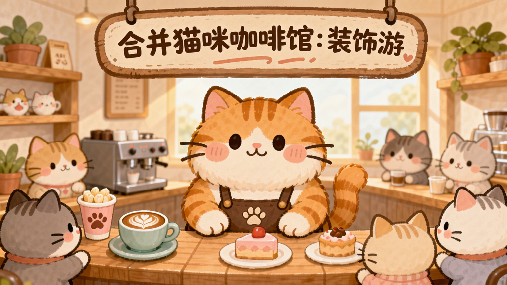 一幅温馨治愈风格的插画,画面主体是一只毛茸茸的橘猫店长站在吧台后,面前摆放着咖啡杯和甜点,周围环绕着各种可爱的猫咪顾客。布局采用居中构图,主体突出。排版上,猫咪咖啡馆的招牌悬挂在画面上方,带有“合并猫咪咖啡馆:装饰游”的文字。风格为卡通手绘风,色彩柔和温暖,以暖黄色和浅粉色为主调。细节上,吧台上有拉花咖啡、蛋糕、猫爪杯,背景有木质货架和绿植,窗外透进阳光。画质清晰,画面干净,无多余元素,适合作为游戏宣传图。