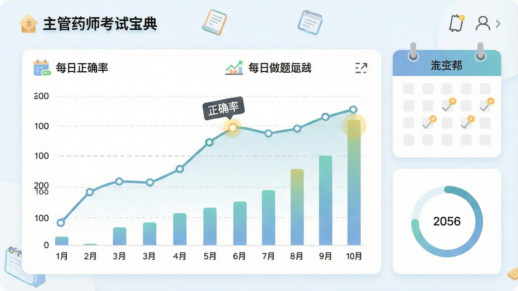一幅展示主管药师考试宝典学习数据统计页面的插画,画面主体是折线图和柱状图组合的数据面板,显示正确率曲线和每日做题量,旁边有日历打卡标记和进度环,布局为网格状卡片排列,风格清新浅色数据可视化风格,细节包括坐标轴标签、数据点高亮和图标装饰,画质清晰干净,画面中带有主管药师考试宝典字样,无多余元素