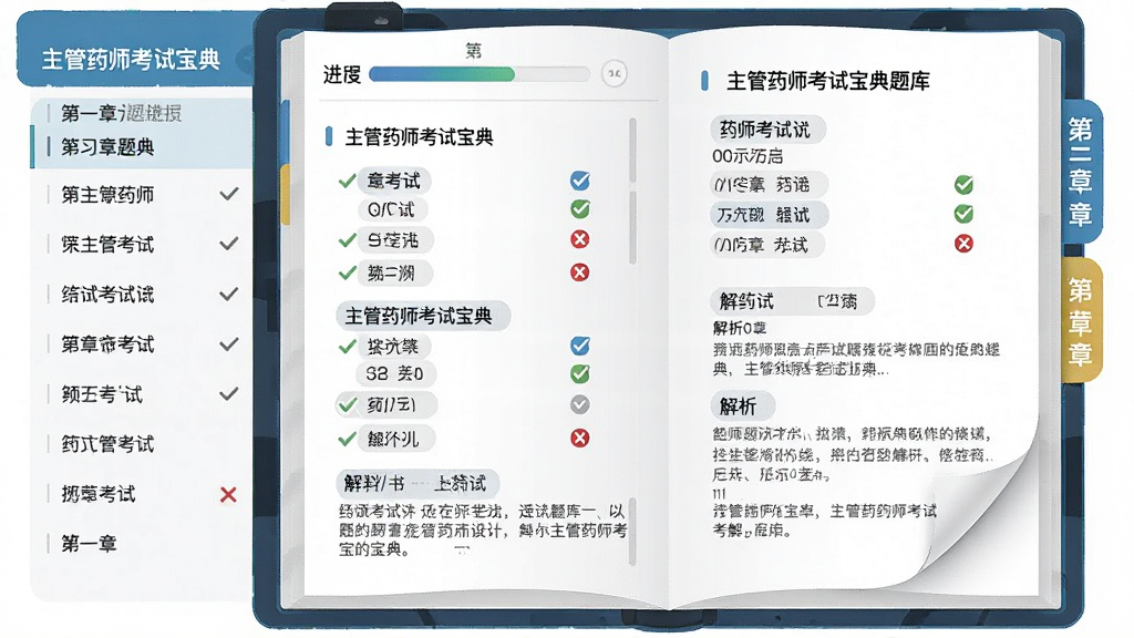 一幅表现主管药师考试宝典题库界面的插画,画面主体是一本打开的电子题库,书页上排列着药师考试选择题和解析文字,旁边有进度条和章节标签,布局为左右分栏,左侧章节列表右侧题目详情,风格扁平化学习类插画,细节包含勾选标记、对错符号和翻页效果,画质清晰干净,画面中带有主管药师考试宝典字样,无多余元素