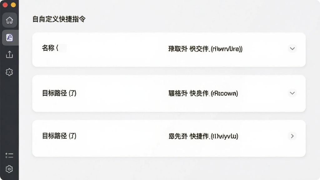 软件设置界面展示自定义快捷指令列表,每条指令包含别名和对应目标路径,界面采用卡片式布局,浅色背景,字体清晰,风格极简,画质干净