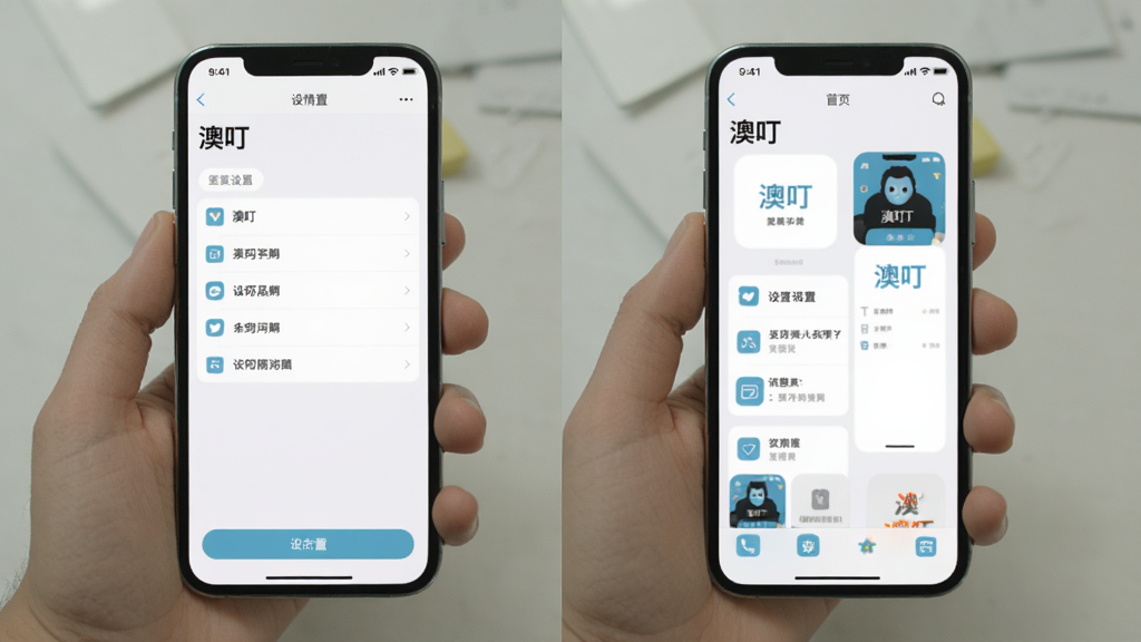 手机展示“澳叮”应用的设置页面与首页对比图,左侧为设置页面,右侧为首页,两个界面均以简洁的列表和图标呈现,文字清晰,配色统一,背景干净,突出应用界面简洁易操作的特点,画面排版整齐,适合软件界面展示