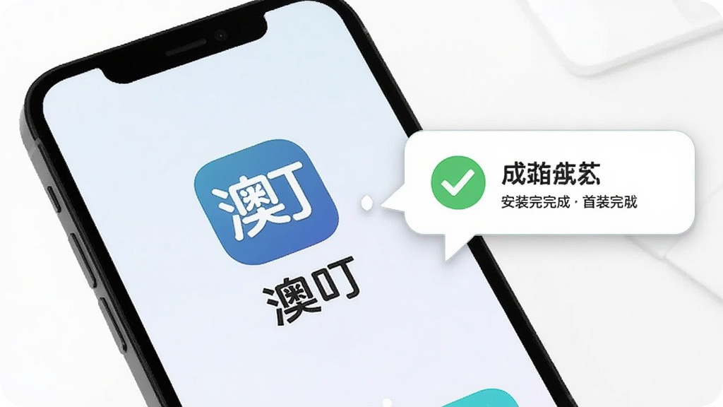 手机屏幕展示“澳叮”应用安装完成后的首次启动界面,画面中手机显示应用图标和“澳叮”名称,背景为干净的桌面,旁边有安装完成的提示气泡,整体风格简洁明了,突出安装成功的使用场景,画质清晰,无多余元素