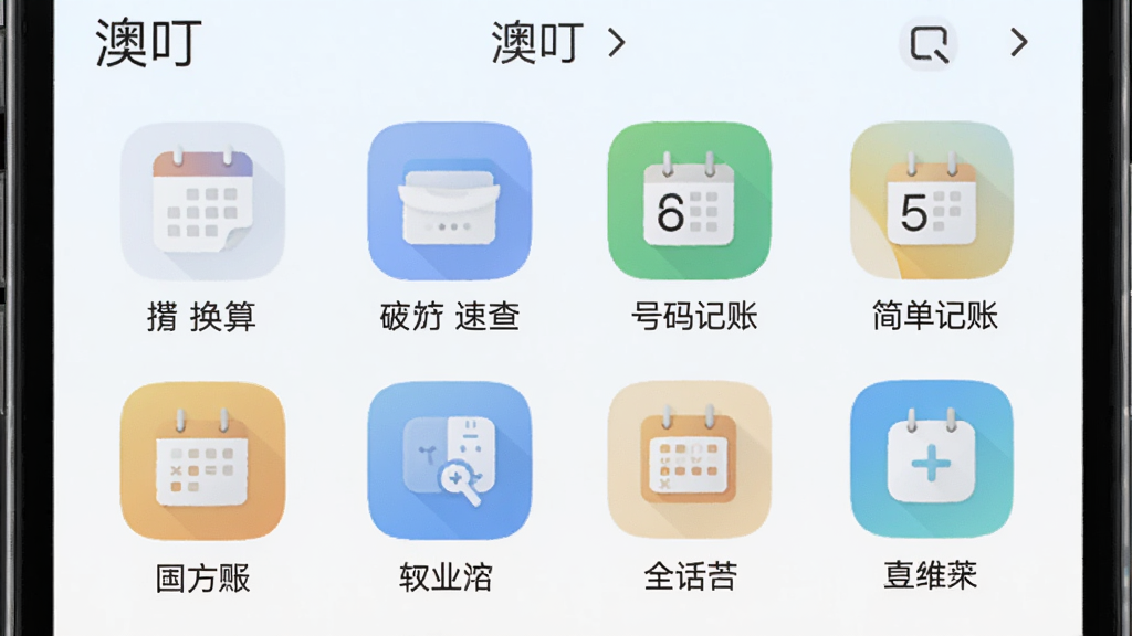 手机屏幕展示“澳叮”应用内的便民工具页面,画面中手机界面以网格形式排列着日期换算、号码速查、简单记账等工具图标,每个图标下方有中文标注,整体风格清新简洁,采用浅色背景与圆角图标设计,画面干净整洁,突出工具集合的实用感,画质清晰,适合软件特色展示