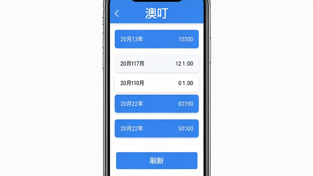 一款名为“澳叮”的手机应用界面截图,画面中心为手机屏幕,屏幕内显示开奖结果查询页面,顶部有“澳叮”应用名称,中间以列表形式展示日期与对应数据,底部有刷新按钮,整体采用卡片式布局,配色以蓝色和白色为主,背景干净简洁,画面清晰,无杂乱元素,适合作为软件功能介绍配图