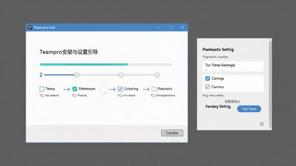 Teampro安装与设置引导界面,主体为安装向导窗口与权限设置面板,布局为居中分步展示,排版清晰,风格为简洁明快扁平风,细节包含进度条与勾选选项,画质高清,干净,无多余元素