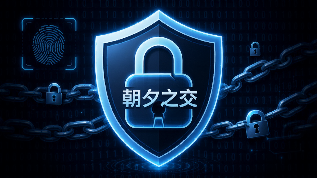 一幅象征网络安全的AI生成图,主体为一把发光的盾牌与锁形图标,盾牌表面印有“朝夕之交”字样,布局采用居中对称,背景是深色网格与二进制代码,风格为科技安全风,细节有指纹识别和加密锁链元素,画质锐利,画面干净,无多余元素
