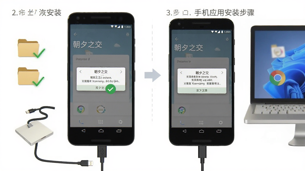 一幅展示手机应用安装步骤的示意图,主体为一部安卓手机与电脑连接,屏幕上显示“朝夕之交”安装界面与权限弹窗,布局采用左右分步式,风格为简洁教程风,细节有数据线、文件夹图标和勾选标记,画质清晰,画面干净,无多余元素