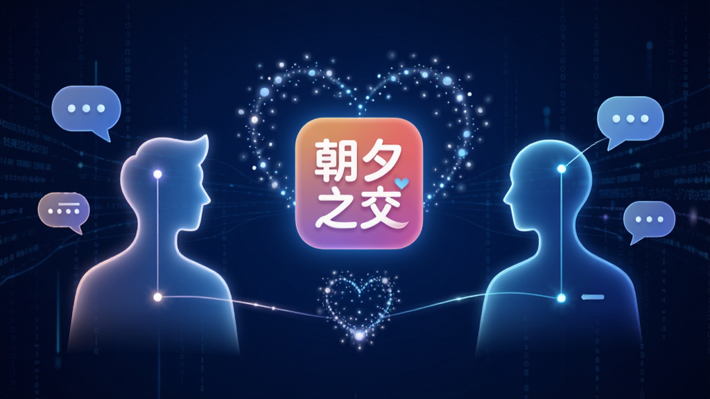 一幅AI生成的科技感社交匹配场景图,主体为两个由光线连接的抽象人物剪影,中间悬浮着“朝夕之交”应用图标,布局采用左右对称式,背景是深蓝色渐变与数据流线条,风格为未来科技感,细节包括光点汇聚成心形和对话气泡,画质清晰,画面干净,无多余元素