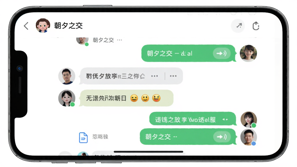 一幅展示多人聊天界面的AI生图,主体为一部横屏手机,屏幕上显示“朝夕之交”群组聊天窗口,包含多个用户头像和彩色对话气泡,布局采用中心聚焦式,风格为现代扁平化,细节有表情符号和文件传输图标,画质高清,画面干净,无多余元素