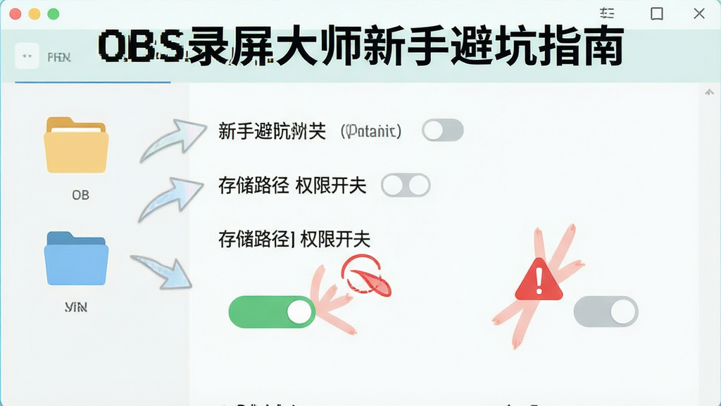 一张展示OBS录屏大师新手避坑指南的示意图,主体为软件设置界面中存储路径与权限开关的标注图,布局为居中排版,风格为清新浅色扁平化设计,细节包含文件夹图标、权限开关按钮、红色警示标记,画质高清,画面干净,无多余元素