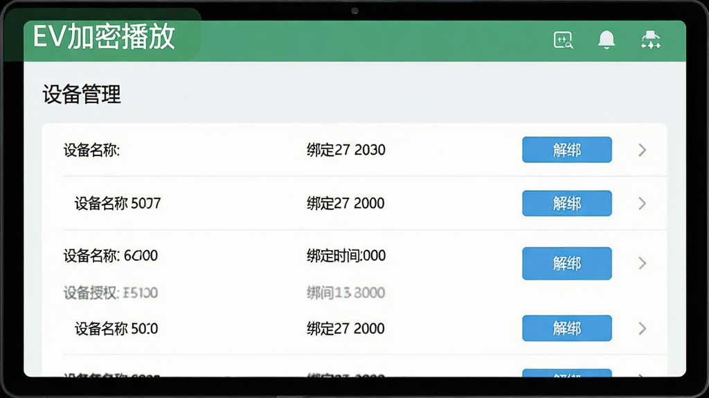 一张展示EV加密播放设备管理页面的截图,主体为设备授权列表界面,布局为上下结构,排版整齐,风格为清爽浅色UI风格,细节包括设备名称、绑定时间、解绑按钮等元素,画面中显示文字