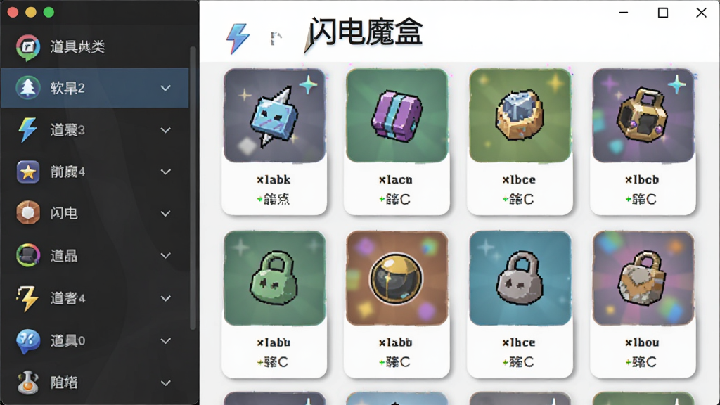 软件名称「闪电魔盒」,主体为软件界面截图风格,左侧是道具分类列表,右侧是道具卡片展示区,布局为左右分栏,上方有软件名称「闪电魔盒」文字,风格为现代扁平化设计,细节包括卡片阴影、图标清晰,画质为高清,干净无多余元素。