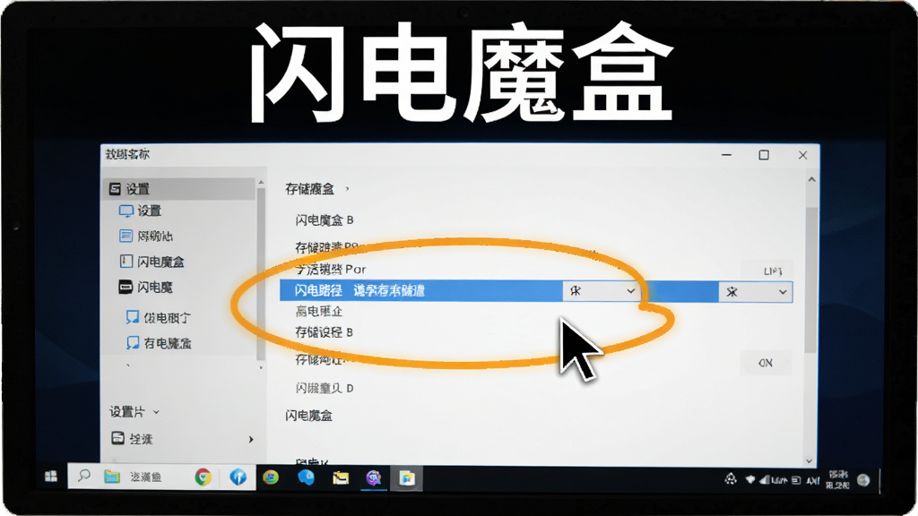 软件名称「闪电魔盒」,主体为电脑屏幕显示软件设置界面,存储路径选项被高亮圈出,布局为屏幕居中,上方是软件名称文字「闪电魔盒」,风格为教程截图风格,细节包括鼠标指针、设置选项清晰,画质为高清,干净无多余元素。