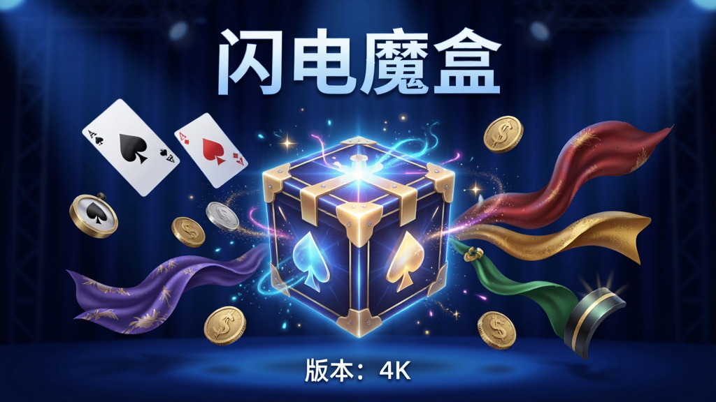 软件名称「闪电魔盒」,主体为一个发光的方形魔盒悬浮在深蓝色舞台中央,魔盒四周环绕扑克牌、硬币、丝巾等魔术道具,布局为居中构图,上方是软件名称文字「闪电魔盒」,下方是版本号文字,风格为科技感与魔术氛围结合,细节包括光效粒子、道具纹理清晰,画质为高清4K,干净无多余元素。