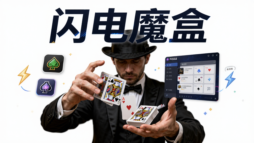 软件名称「闪电魔盒」,主体为魔术师双手正在表演扑克牌魔术,旁边悬浮着软件界面元素,布局为人物居中,上方是软件名称文字「闪电魔盒」,风格为写实与UI混合,细节包括手部动作、扑克牌纹理、界面图标,画质为高清,干净无多余元素。