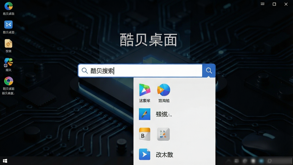 一张电脑桌面快捷搜索功能展示图,画面中央是搜索框正在输入关键词,下方弹出匹配的软件图标列表,桌面背景为深色科技风壁纸,整体风格现代简洁,画质清晰干净,画面中显示文字