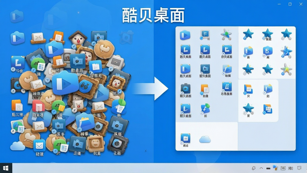 一张电脑桌面图标自动整理的示意图,画面左侧是杂乱的图标堆叠状态,右侧是经过酷贝桌面整理后的整洁分区状态,中间带有箭头过渡效果,整体风格简洁明快,色调以蓝白为主,画质高清干净,画面中标注文字