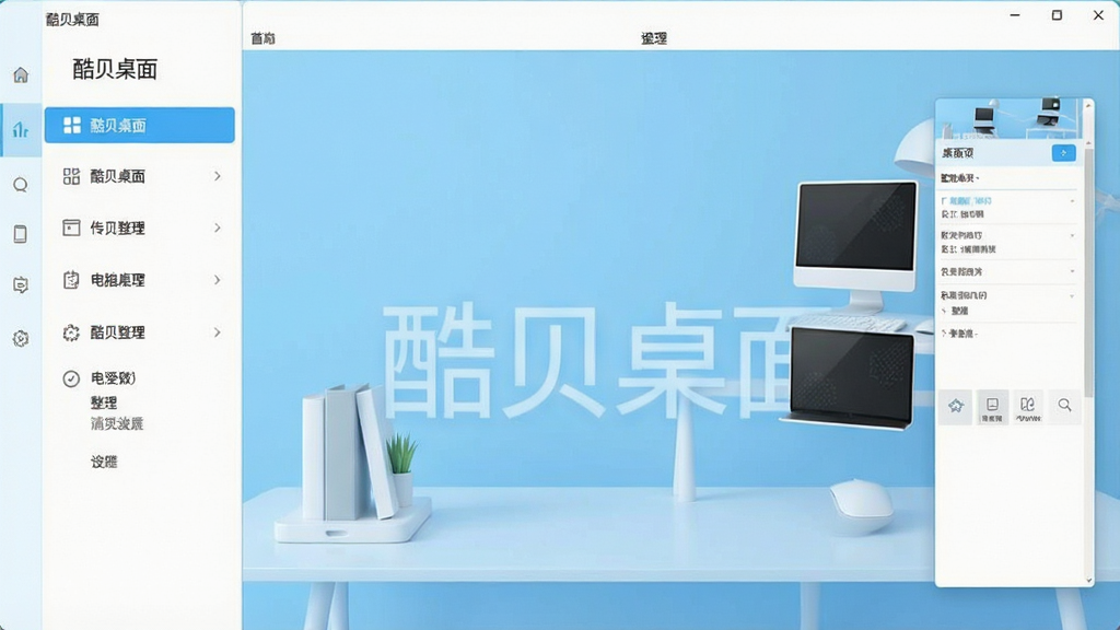 一张电脑桌面使用教程示意图,画面展示酷贝桌面的设置界面,左侧为功能菜单栏,右侧为桌面整理预览区域,界面风格简洁清晰,色调以白色和浅蓝为主,画质高清干净,画面中标注文字