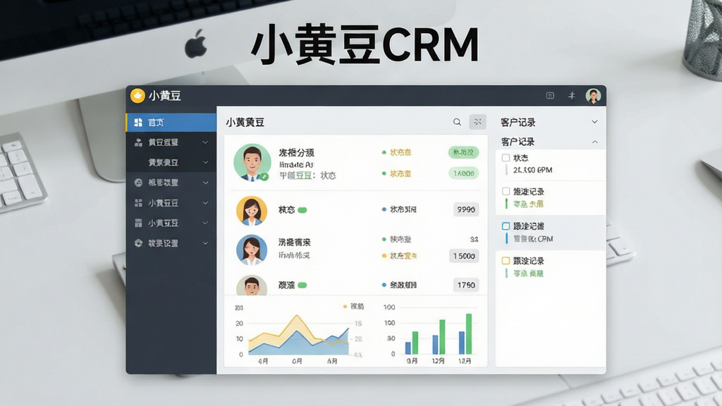 一张展示小黄豆CRM软件主界面的图片,画面中央是软件窗口,左侧为功能导航栏,右侧为客户列表与跟进记录面板,整体布局简洁清晰,风格为现代商务扁平化设计,细节包括客户头像、状态标签、数据图表等元素,画质干净清晰,无多余装饰,背景为浅灰色办公桌面,图片上方有“小黄豆CRM”文字标识