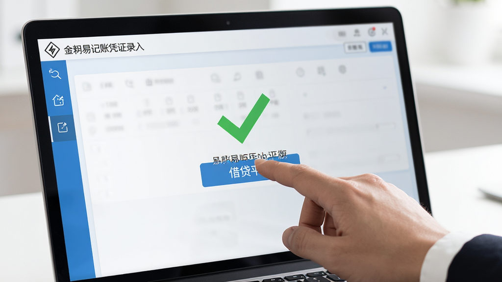 画面主体为一只手正在点击笔记本电脑屏幕上的金蝶易记账凭证录入按钮,屏幕显示绿色对勾表示借贷平衡,布局为居中构图,风格为写实商务风,细节上手指动作自然,软件界面清晰可见,画质高清,干净,无多余元素