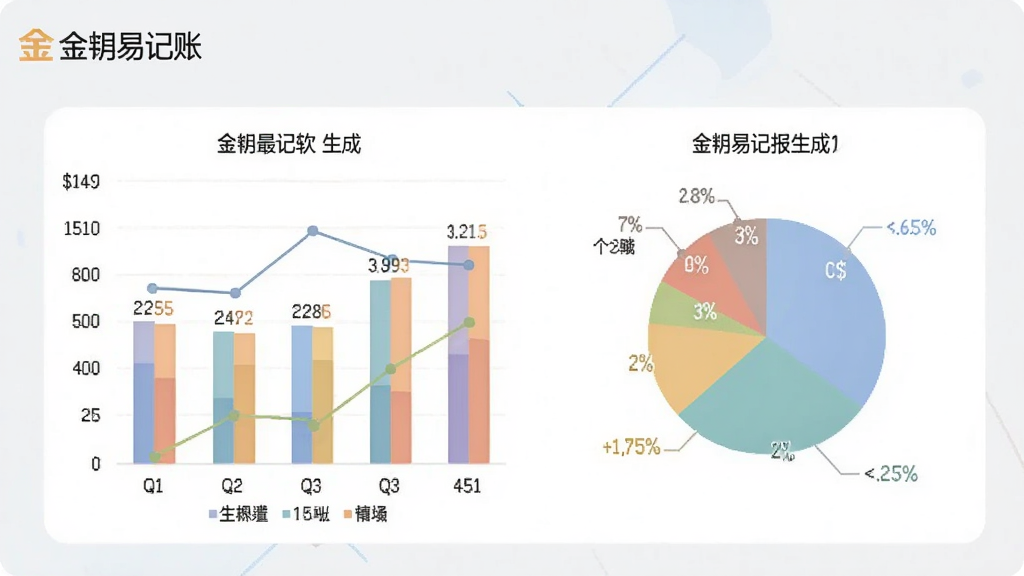 画面展示金蝶易记账软件生成的彩色财务报表,包含柱状图和饼图,布局为屏幕居中显示,风格为数据可视化商务风格,细节上图表颜色柔和,数据标签清晰,背景为浅灰色,画质清晰,干净,无多余元素