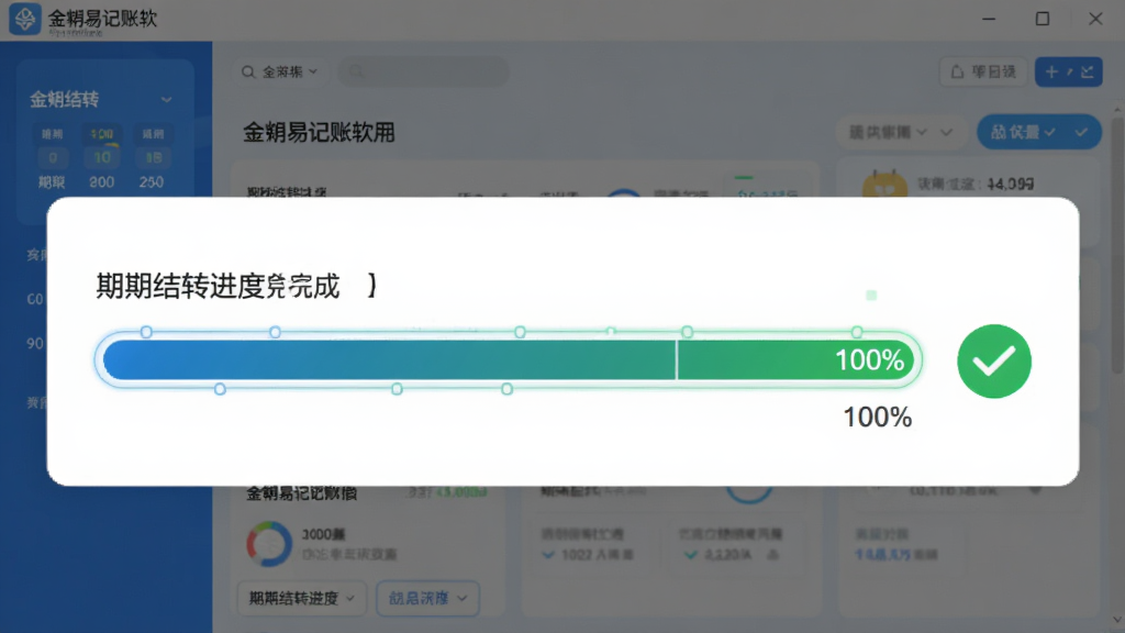 画面主体为金蝶易记账软件界面中的期末结转进度条,布局为横向居中,风格为科技感扁平化,细节上进度条显示100%完成,旁边有绿色完成标识,画质清晰,干净,无多余元素