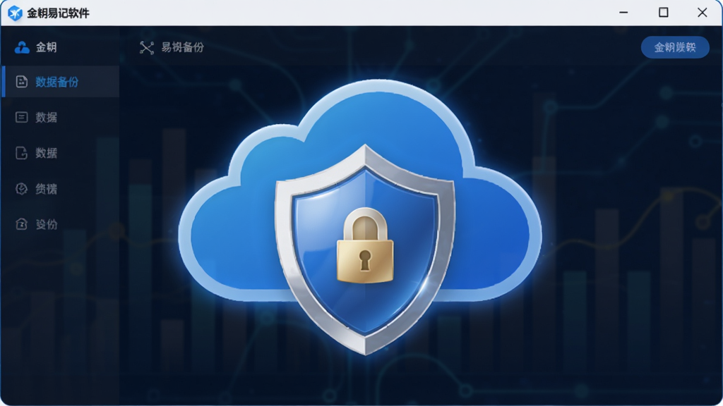 画面展示金蝶易记账软件的数据备份界面,主体为云朵图标与盾牌图标组合,布局为上下结构,风格为安全科技风,细节上盾牌有光泽感,云朵线条简洁,画质清晰,干净,无多余元素