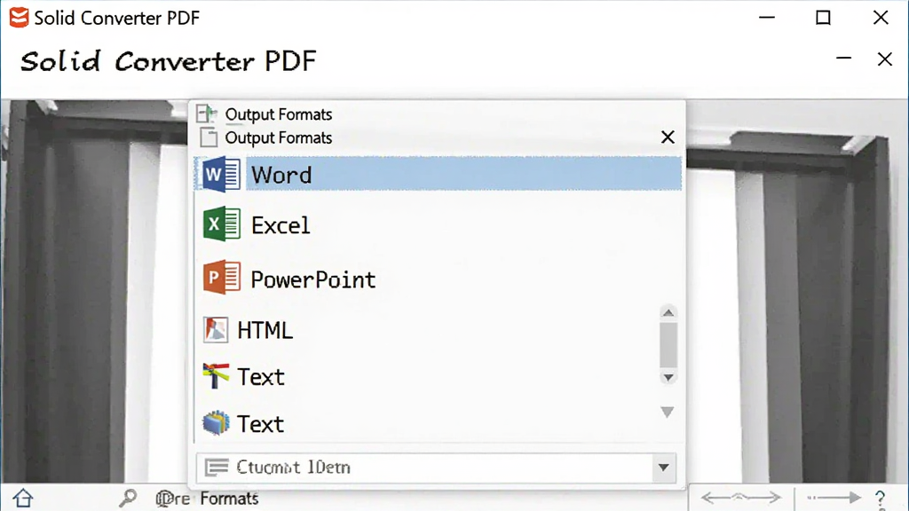 һ��չʾSolid Converter PDF���ʽ���ѡ��Ľ����ͼ����������ʾ�����������ʽѡ��˵�������Word��Excel��PowerPoint��HTML��Text��ѡ��������ơ�Solid Converter PDF�������ɼ�������Ϊ��ɫ���棬�����רҵ�������������ɾ��޶���Ԫ��