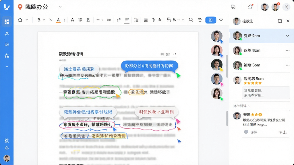 一张展示鸥鸥办公软件多人协同编辑场景的界面图,画面中显示一份在线文档,文档右侧有多个用户头像与彩色光标,文档内容中有批注气泡与修改痕迹,界面风格清爽,蓝白配色,布局为左侧文档正文、右侧协作面板,细节包含光标位置、用户标识与评论框,画质高清,干净,无多余元素