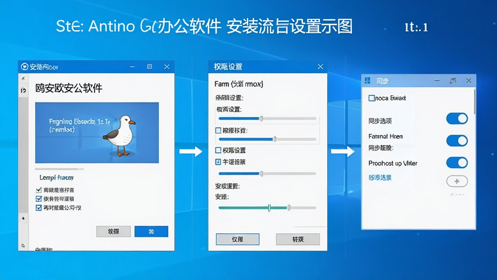 一张展示鸥鸥办公软件在Windows电脑上安装与设置流程的示意图,画面分为三个步骤区域,左侧为安装向导界面,中间为权限设置面板,右侧为同步选项开关,整体风格清晰直观,蓝白配色,布局为横向三步排列,细节包含按钮、复选框与进度条,画质高清,干净,无多余元素