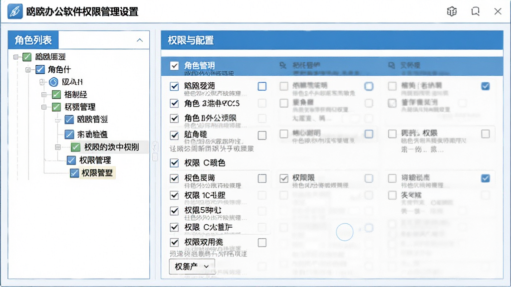 一张展示鸥鸥办公软件权限管理设置界面的图片,画面中显示角色列表与权限勾选项,左侧为组织架构树,右侧为权限配置面板,界面风格严谨专业,蓝白配色,布局为左右分栏,细节包含复选框、角色名称与说明文字,画质高清,干净,无多余元素