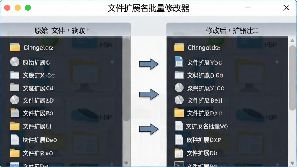 画面中展示一个文件管理窗口,左侧列出原始文件扩展名,右侧显示修改后的新扩展名,中间有箭头连接,界面带有“文件扩展名批量修改器”标题字样,整体风格简洁商务,细节清晰,画质干净,无多余元素