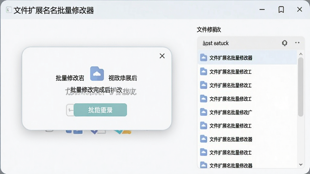 软件界面展示批量修改完成后的提示窗口与文件列表,列表内文件扩展名已更新,界面带有“文件扩展名批量修改器”字样,风格柔和圆角,布局清晰,细节丰富,画质干净,无多余元素