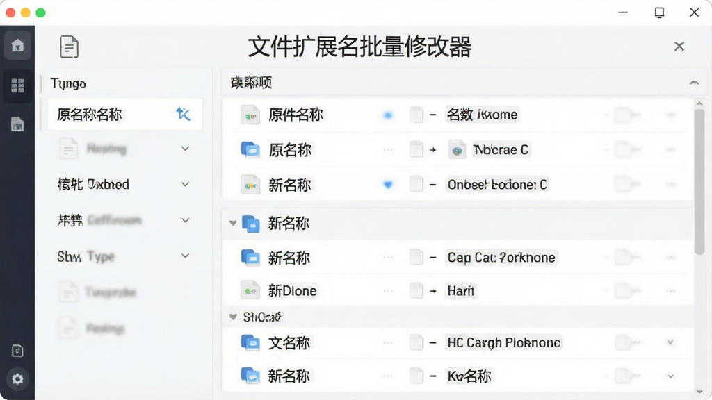软件界面中央展示筛选条件设置面板与预览列表,列表内文件按类型分组排列,每行显示原名称与新名称对照,界面带有“文件扩展名批量修改器”标识,风格清爽浅色,布局合理,细节丰富,画质清晰,干净,无多余元素