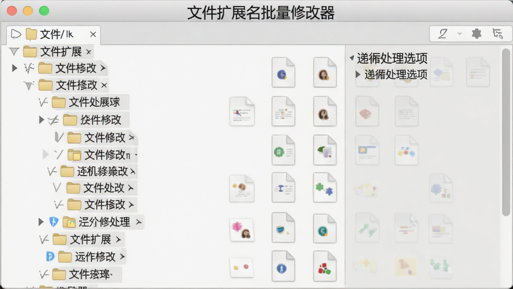 软件界面展示文件夹树形结构与递归处理选项,子文件夹层层展开,文件图标多样,界面带有“文件扩展名批量修改器”字样,风格浅灰质感,布局清晰,细节丰富,画质干净,无多余元素