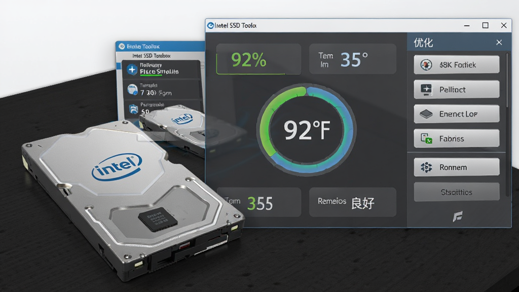 软件名称为Intel SSD Toolbox的官方管理工具界面展示,主体为一块银色英特尔固态硬盘放置在深色桌面上,旁边有半透明悬浮的软件窗口显示硬盘健康度92%、温度35度、剩余寿命良好等数据,布局采用左中右三分区,左侧为硬盘信息面板,中间为健康状态环形图,右侧为优化功能按钮列表,排版整齐有序,风格为科技商务风,细节包括硬盘表面反光纹理、界面按钮微凸效果、数据线条清晰,画质为4K高清、画面干净、无多余元素