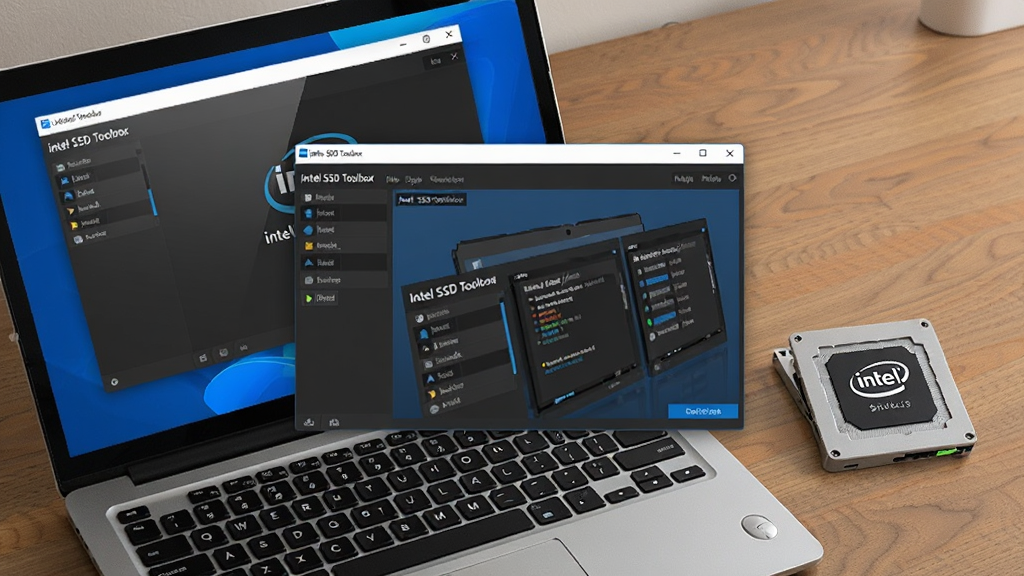 Intel SSD Toolbox使用指南场景图,主体为一台打开的笔记本电脑旁边放着一块英特尔固态硬盘,屏幕上显示着Intel SSD Toolbox软件界面,布局为电脑在左、硬盘在右、软件窗口居中,排版为对角线构图,风格为写实办公风,细节包括屏幕反光、硬盘金属外壳质感、桌面木纹清晰,画质为4K超清、画面干净、无多余元素
