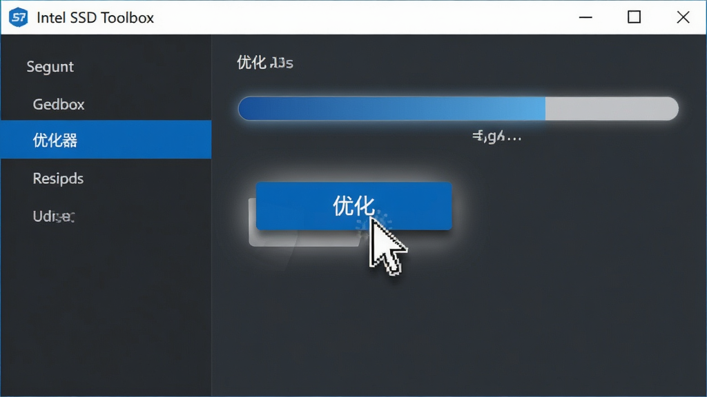 软件名称为Intel SSD Toolbox的TRIM优化功能操作界面,主体为软件中央一个醒目的蓝色“优化”按钮被鼠标指针点击,布局为左侧导航栏选中“优化器”选项,右侧显示优化进度条与文字说明,排版为左右分栏,风格为扁平化现代UI,细节包括按钮按下时的光影效果、进度条为蓝色渐变、背景为深灰纯色,画质为1080P高清、干净、无多余元素