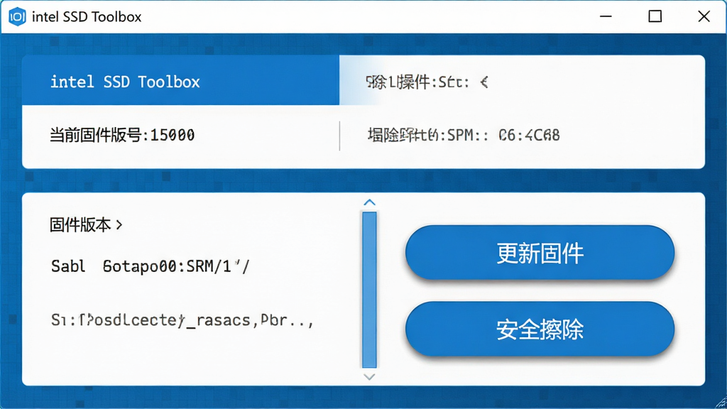 Intel SSD Toolbox固件更新与安全擦除功能界面,主体为软件窗口左侧显示当前固件版本号,右侧有“更新固件”和“安全擦除”两个大按钮,布局为上下结构,上方为固件信息卡片,下方为操作按钮区,排版清晰,风格为科技蓝白配色,细节包括固件版本号用等宽字体、按钮有圆角与阴影、背景有淡淡的网格纹理,画质为高清、干净、无多余元素