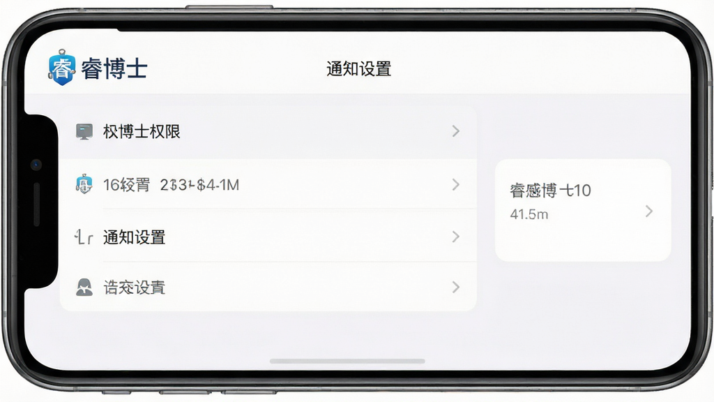 睿博士软件设置界面截图,手机屏幕显示权限管理和通知设置选项,界面中有“睿博士”标识,风格简洁,布局清晰,细节丰富,画质高清,干净,无多余元素
