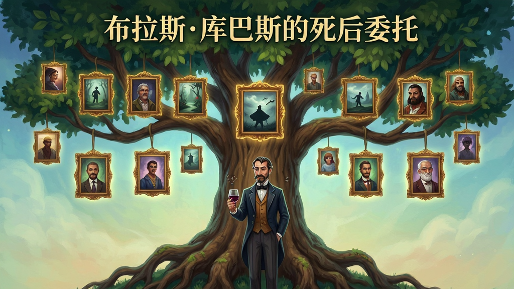 一棵巨大的生命之树,树枝上挂着许多发光的相框,每个相框里是不同的结局画面,树根处站着一位手持酒杯的绅士,树冠上方写着“布拉斯库巴斯的死后委托”,整体风格为奇幻插画,色彩丰富而和谐,细节精致,画质清晰,干净无多余元素。