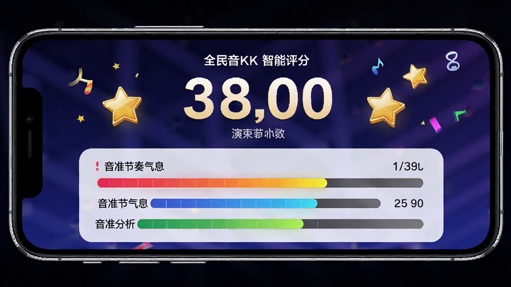 全民音乐唱k智能评分界面展示,主体为手机屏幕显示演唱结束后的评分页面,布局为上下结构,上方为分数数字,下方为音准节奏气息的详细分析条,排版清晰,风格为动感活力,细节包括金色星星和彩色进度条,画质高清,干净,无多余元素